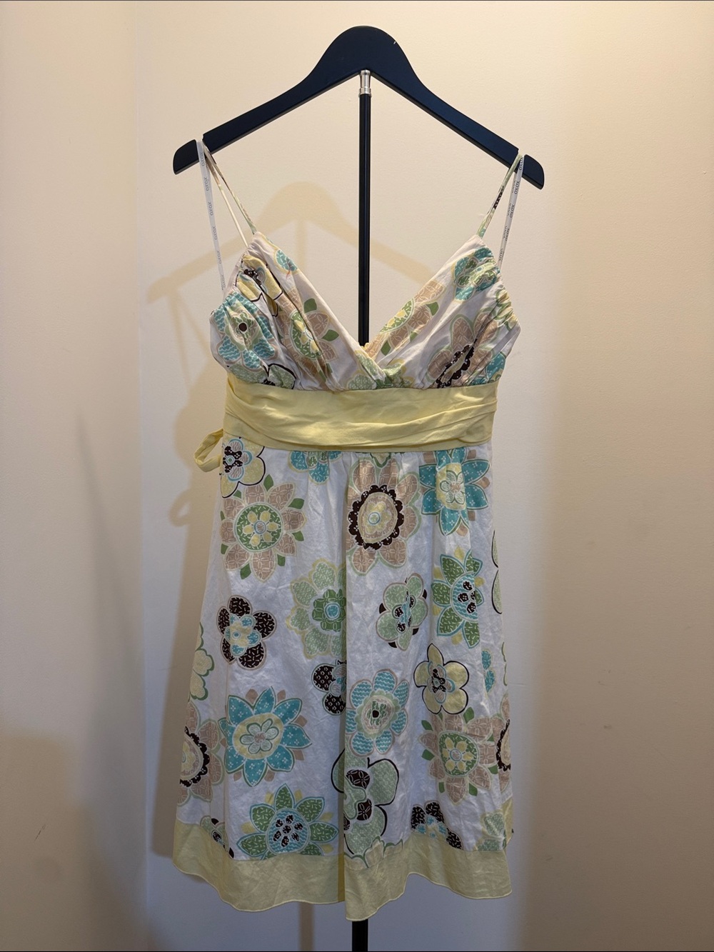 XOXO Yellow-Waist Floral Spaghetti-Strap Mini Dress